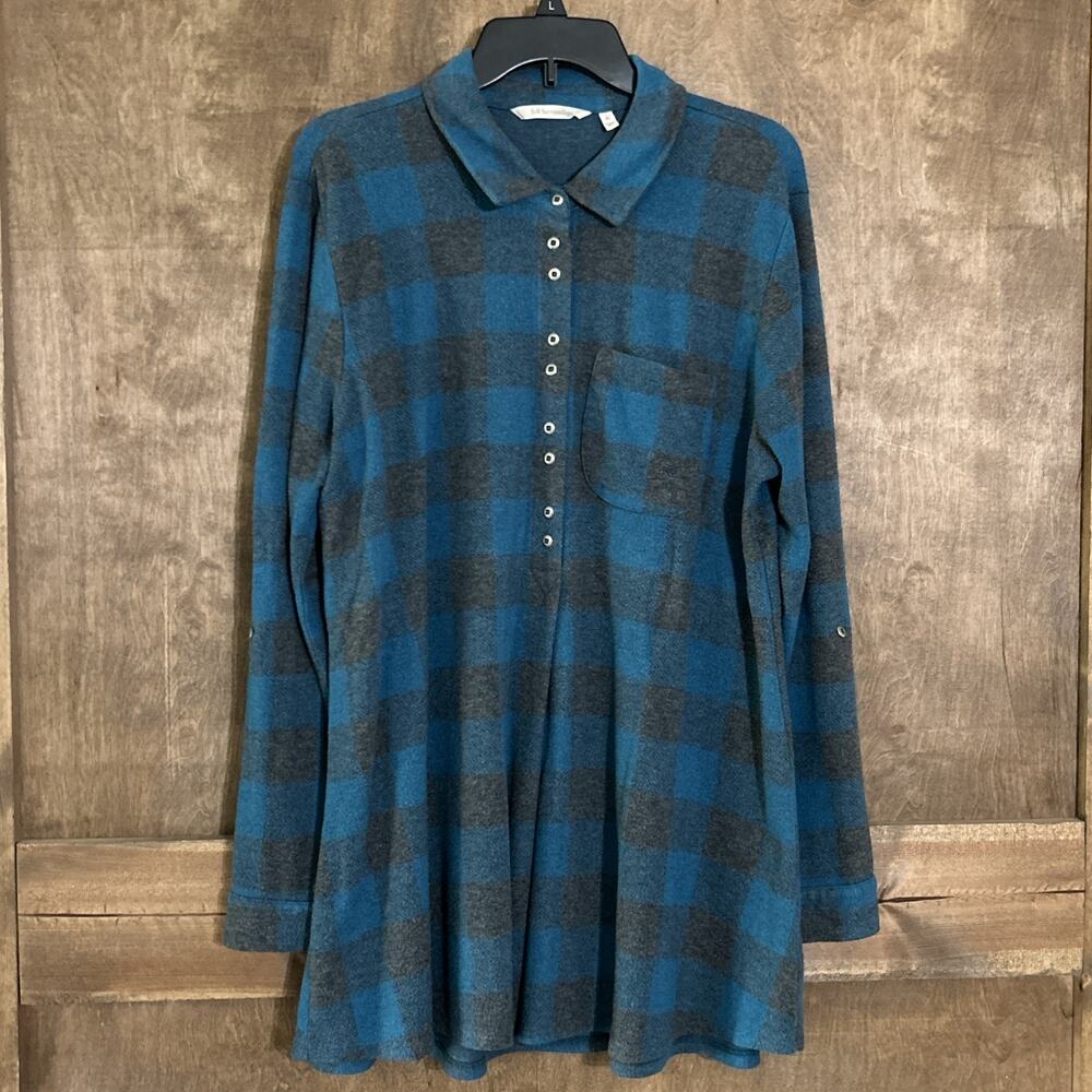 Soft Surroundings Mad About Plaid Tunic Shirt Womens XL Fleece Teal & Gray